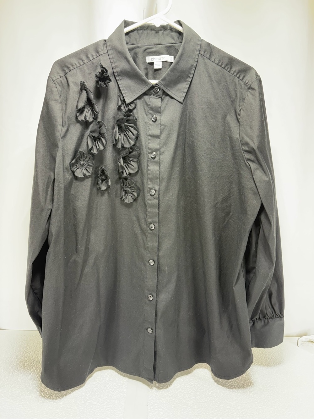 Chico's Black Button-Front Blouse with Fabric Rosettes 4618